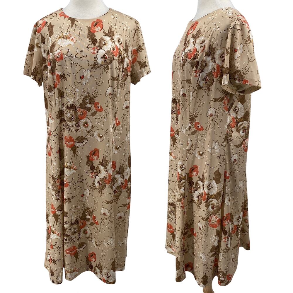 Vintage 70s Floral Print Mini Shift Dress A Line Short Sleeve Beige Coral 16